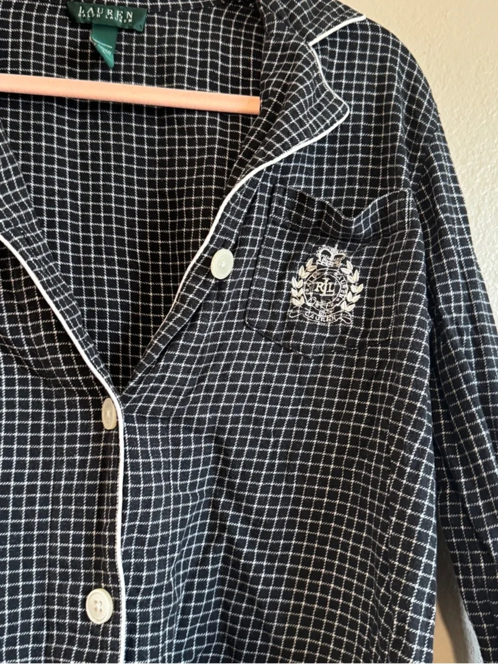 Ralph Lauren Black and White Grid-Print Button Pajama Top